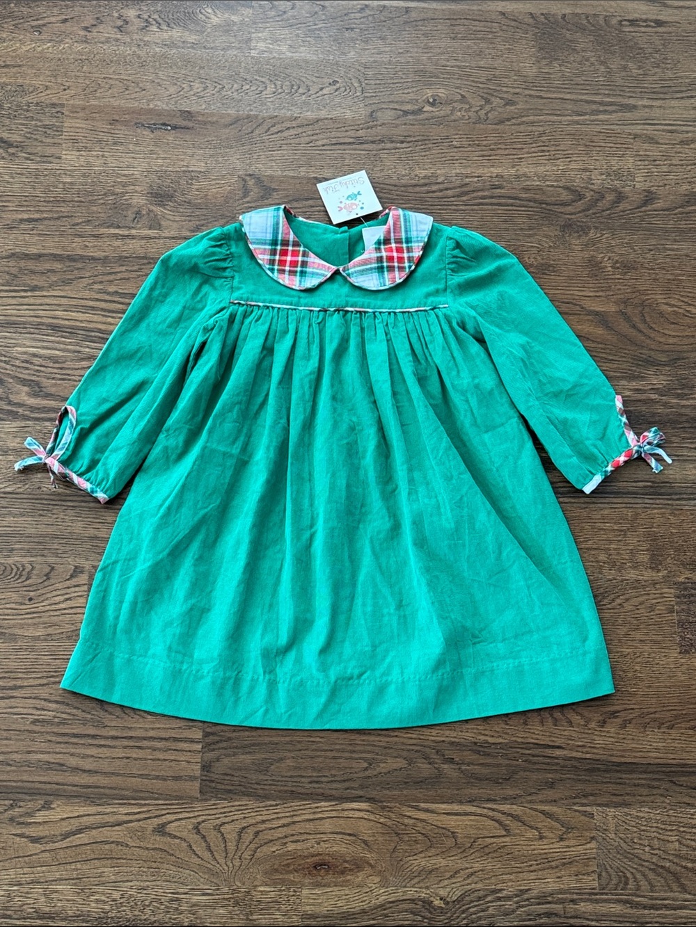 Stitchy Fish New With Tags Green Corduroy Dress with Plaid Trim